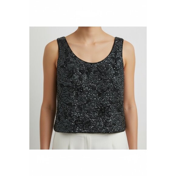 Vintage Black Sequin Beaded Sleeveless Top W/ Floral Design & Full-Back Zipper - Picture 2 of 10